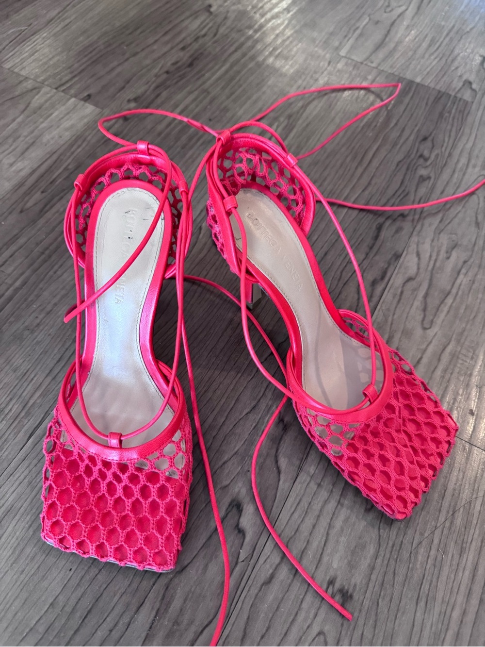 Bottega Veneta Neon Pink Lace-Up Mesh Heels